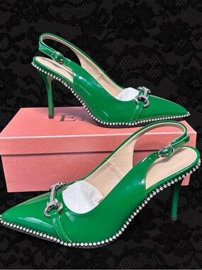 💚 NIB Emerald Green Patent Slingback Heels Rhinestone Buckle - Size 7
